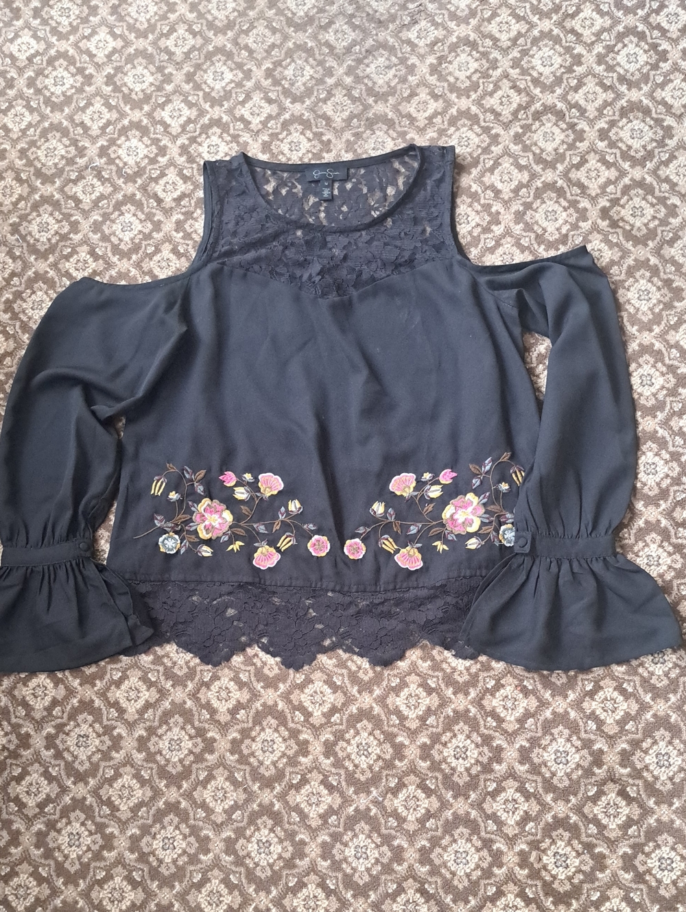 Jessica Simpson Black Cold-Shoulder Blouse with Floral Embroidery